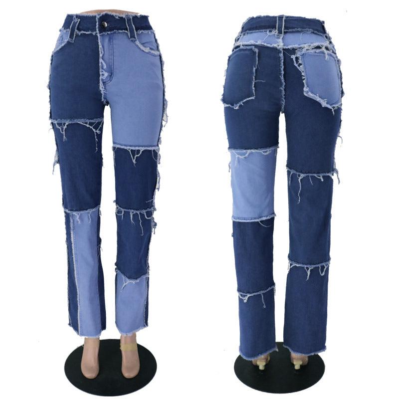 Denim High Waist Tight Hip Straight-leg Patchwork Jeans - Modestly Vogue 