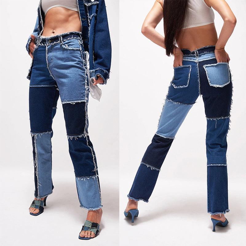 Denim High Waist Tight Hip Straight-leg Patchwork Jeans - Modestly Vogue 