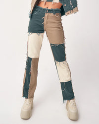 Denim High Waist Tight Hip Straight-leg Patchwork Jeans - Modestly Vogue 