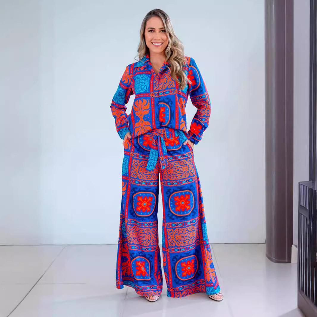 Blue Printed Lace-Up Wide Leg Pants Two Piece Set | Casual & Elegant Women’s Fashion - Modestly Vogue 