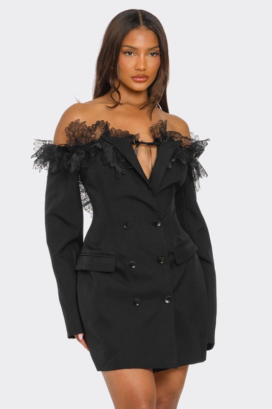 Off-Shoulder Lace Blazer Dress - Modestly Vogue 