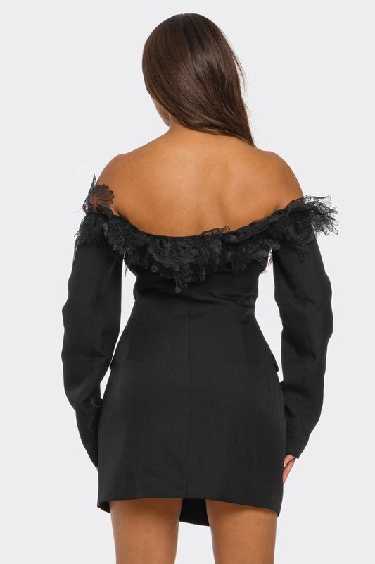 Off-Shoulder Lace Blazer Dress - Modestly Vogue 