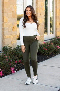 Olive Green Full Length Leggings with Pocket - Modestly Vogue 