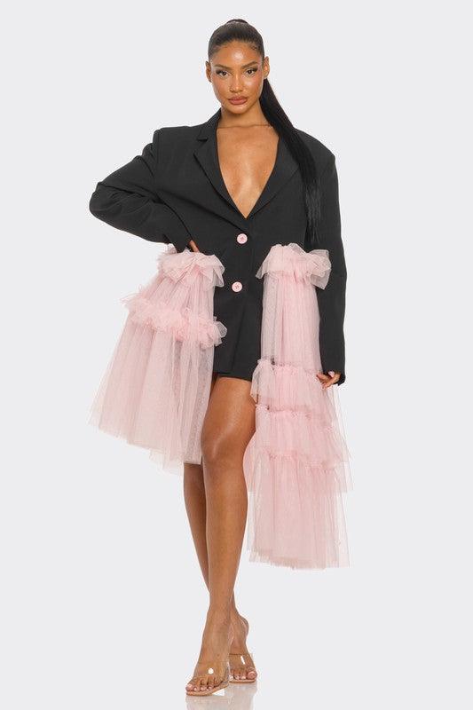 Oversized Tulle Blazer Dress Black and Pink - Modestly Vogue 