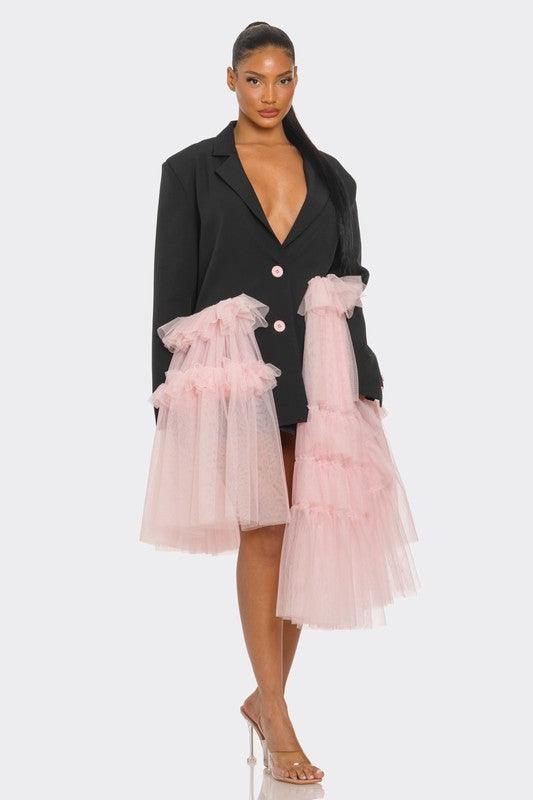 Oversized Tulle Blazer Dress Black and Pink - Modestly Vogue 