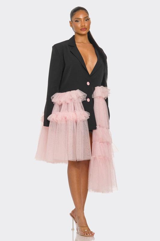 Oversized Tulle Blazer Dress Black and Pink - Modestly Vogue 