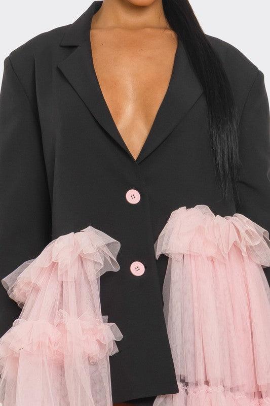 Oversized Tulle Blazer Dress Black and Pink - Modestly Vogue 