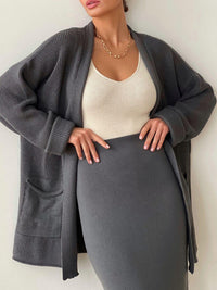 Pocketed Long Sleeve Cardigan and Skirt Sweater Set - Modestly Vogue 