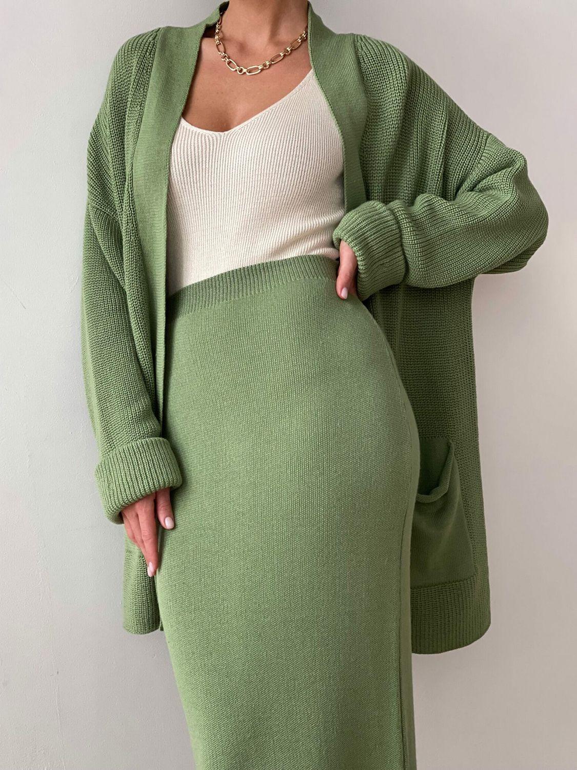 Pocketed Long Sleeve Cardigan and Skirt Sweater Set - Modestly Vogue 