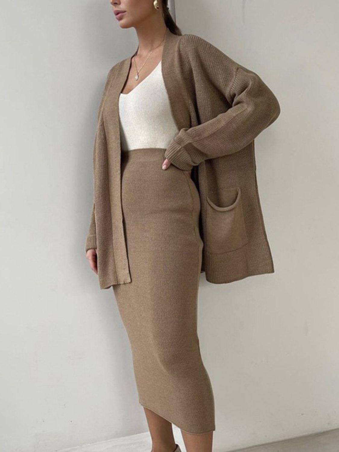 Pocketed Long Sleeve Cardigan and Skirt Sweater Set - Modestly Vogue 