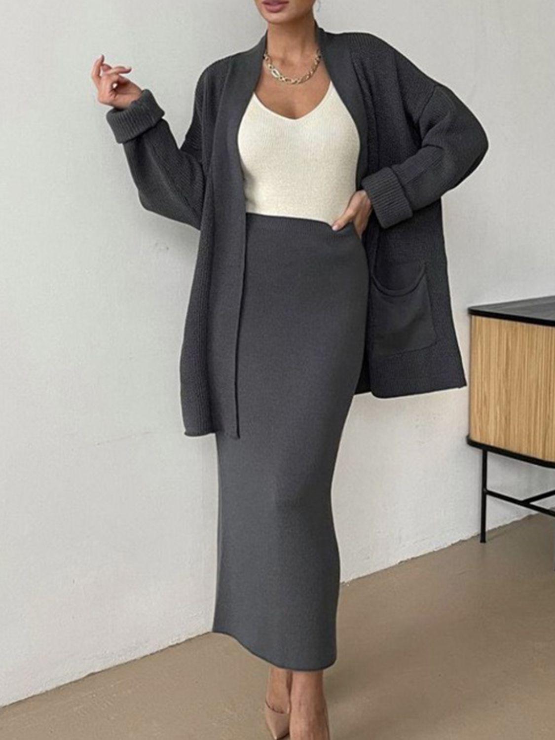 Pocketed Long Sleeve Cardigan and Skirt Sweater Set - Modestly Vogue 