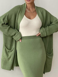 Pocketed Long Sleeve Cardigan and Skirt Sweater Set - Modestly Vogue 