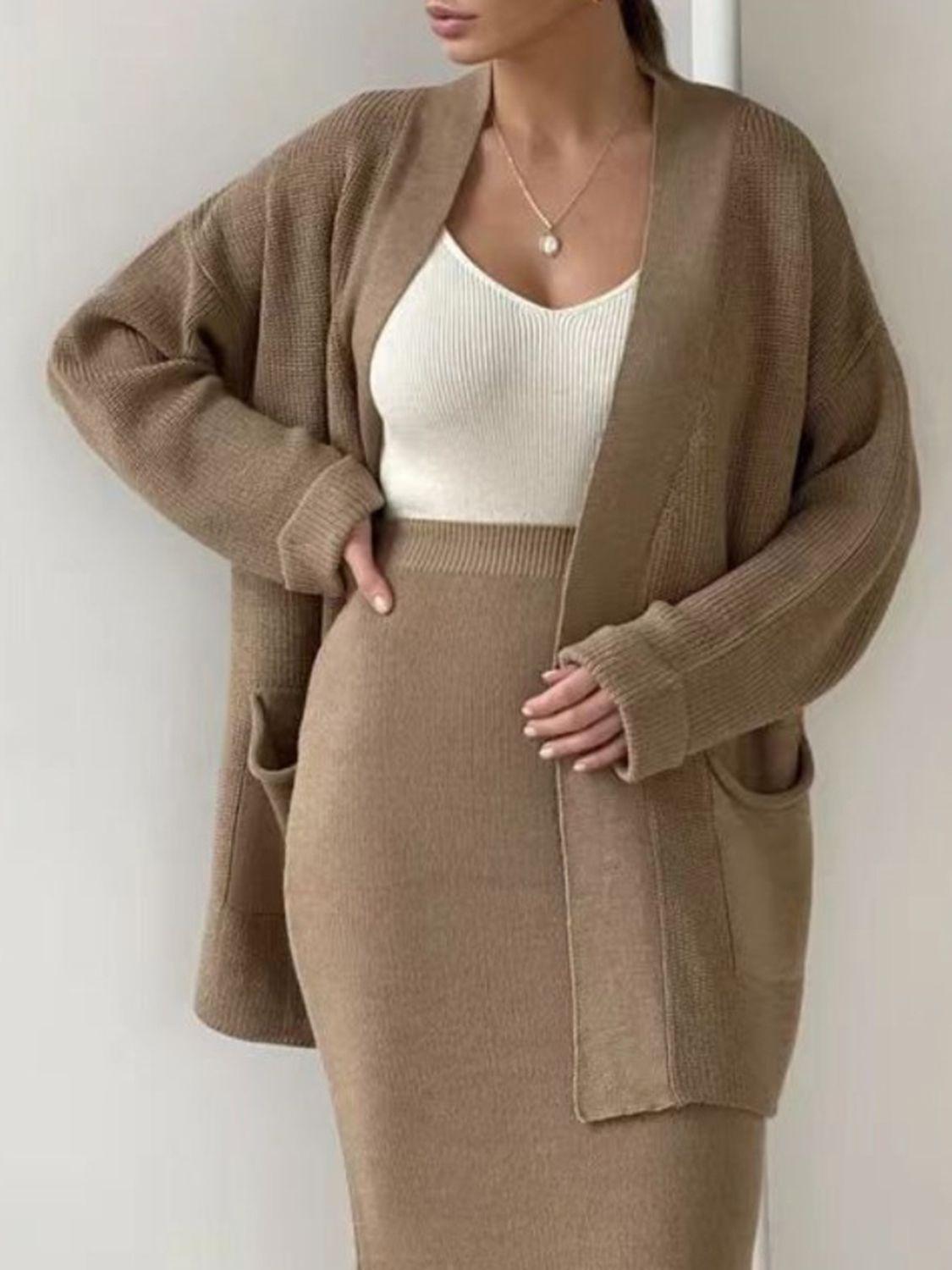 Pocketed Long Sleeve Cardigan and Skirt Sweater Set - Modestly Vogue 