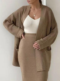 Pocketed Long Sleeve Cardigan and Skirt Sweater Set - Modestly Vogue 