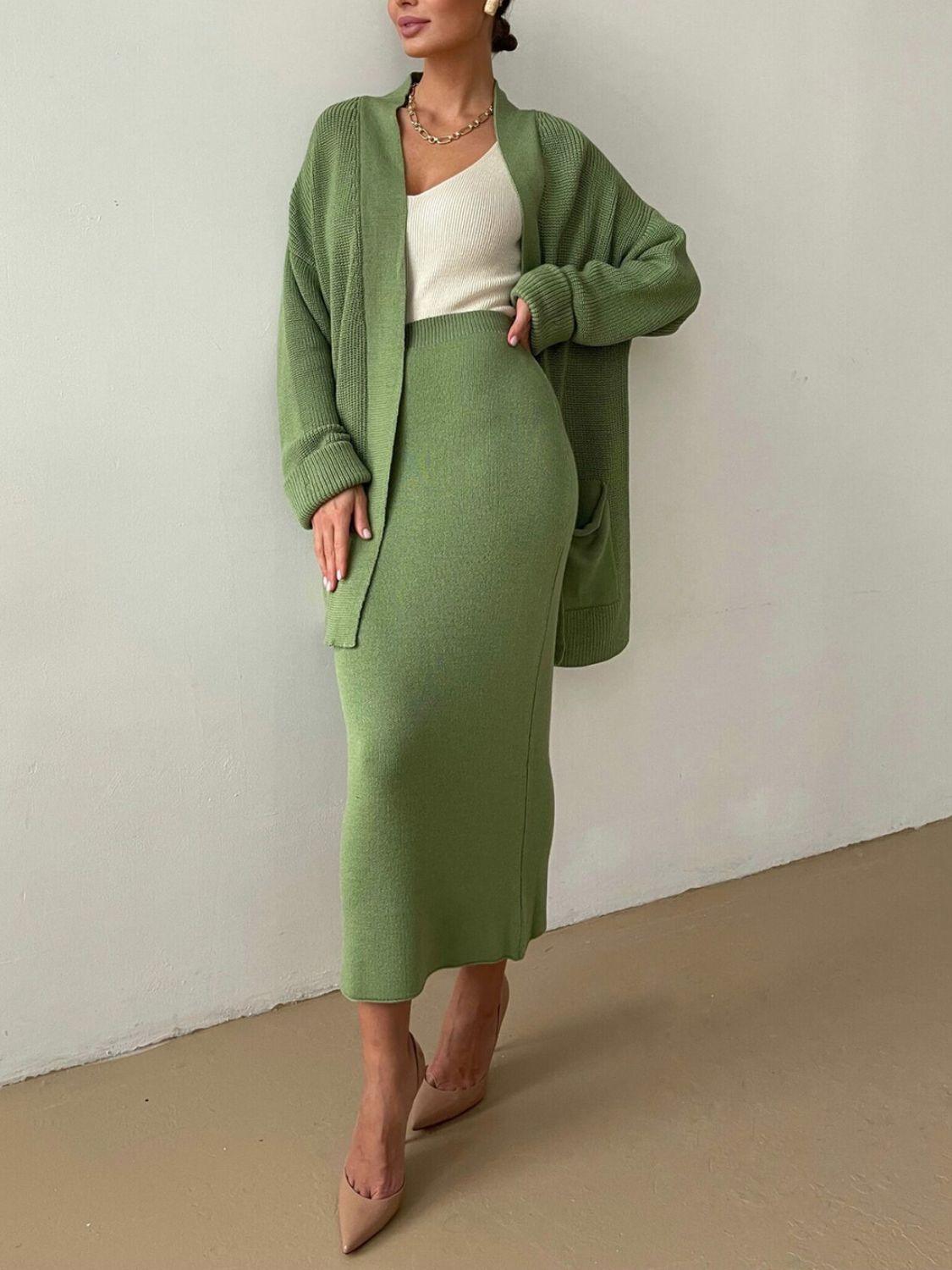 Pocketed Long Sleeve Cardigan and Skirt Sweater Set - Modestly Vogue 