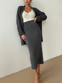 Pocketed Long Sleeve Cardigan and Skirt Sweater Set - Modestly Vogue 