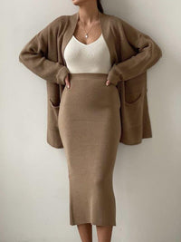 Pocketed Long Sleeve Cardigan and Skirt Sweater Set - Modestly Vogue 