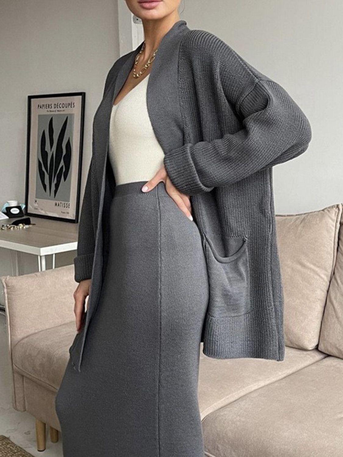 Pocketed Long Sleeve Cardigan and Skirt Sweater Set - Modestly Vogue 