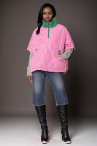 Quilted Puffer Pink and Green Poncho - Modestly Vogue 