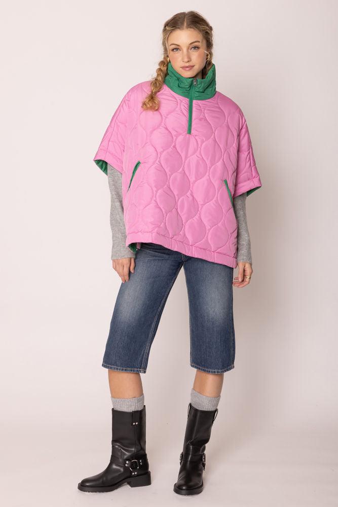 Quilted Puffer Pink and Green Poncho - Modestly Vogue 