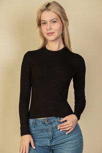 Ribbed Round Neck Long Sleeve Top - Modestly Vogue 