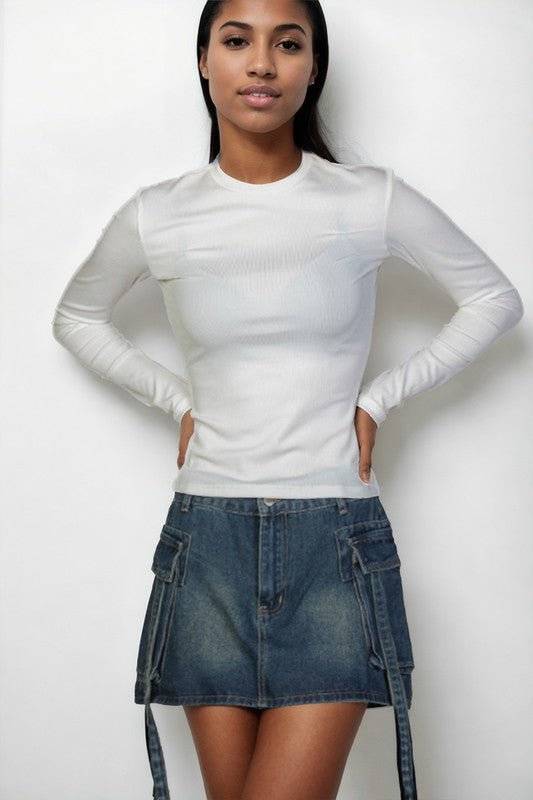 Ribbed Round Neck Long Sleeve Top - Modestly Vogue 