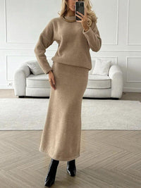 Round Neck Dropped Shoulder Top and Midi Skirt Sweater Set - Modestly Vogue 