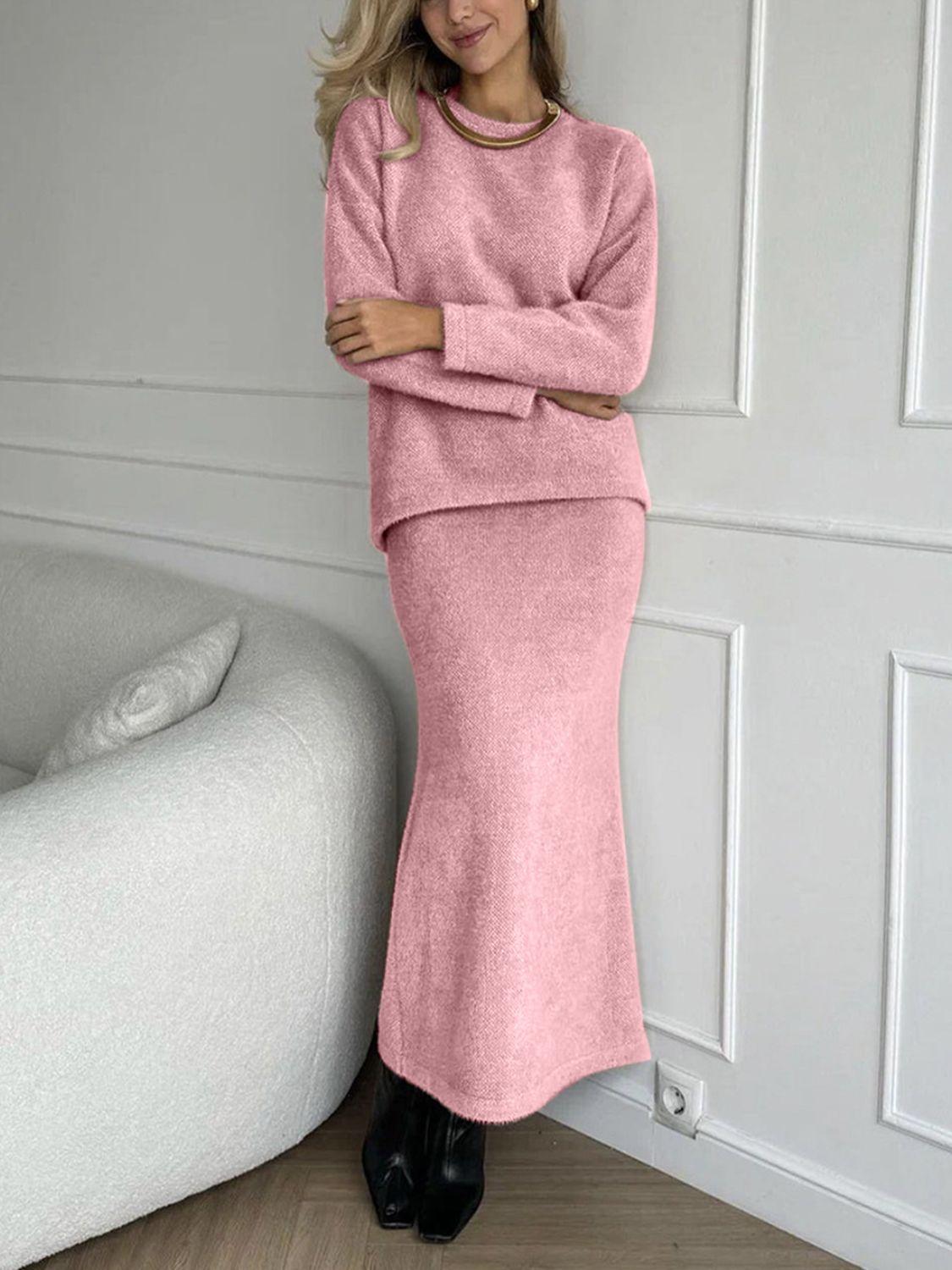 Round Neck Dropped Shoulder Top and Midi Skirt Sweater Set - Modestly Vogue 