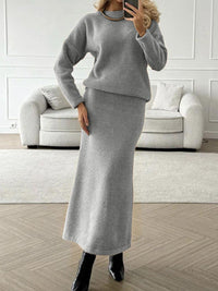 Round Neck Dropped Shoulder Top and Midi Skirt Sweater Set - Modestly Vogue 