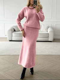 Round Neck Dropped Shoulder Top and Midi Skirt Sweater Set - Modestly Vogue 