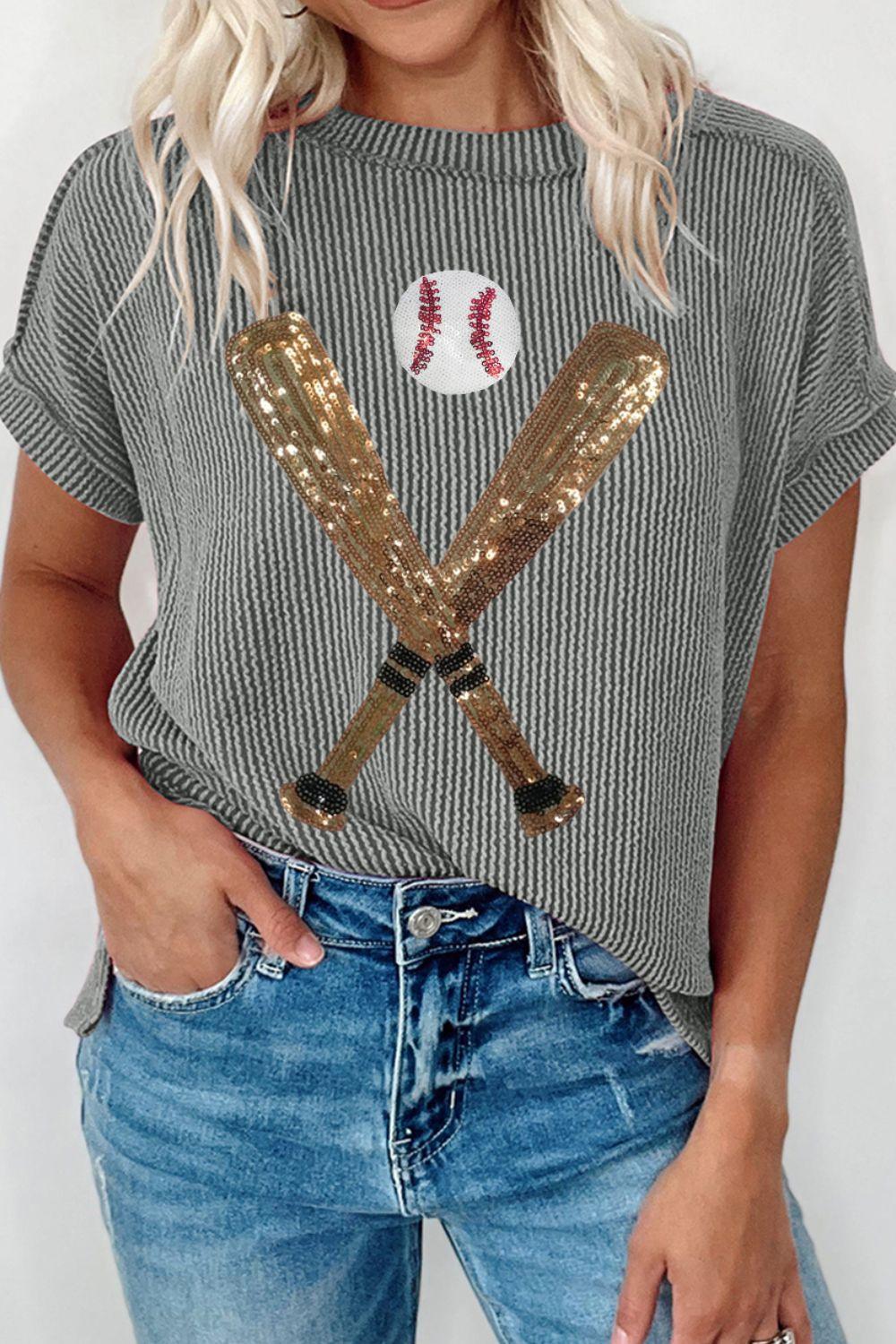 Sequin Baseball Round Neck Short Sleeve T-Shirt - Modestly Vogue 