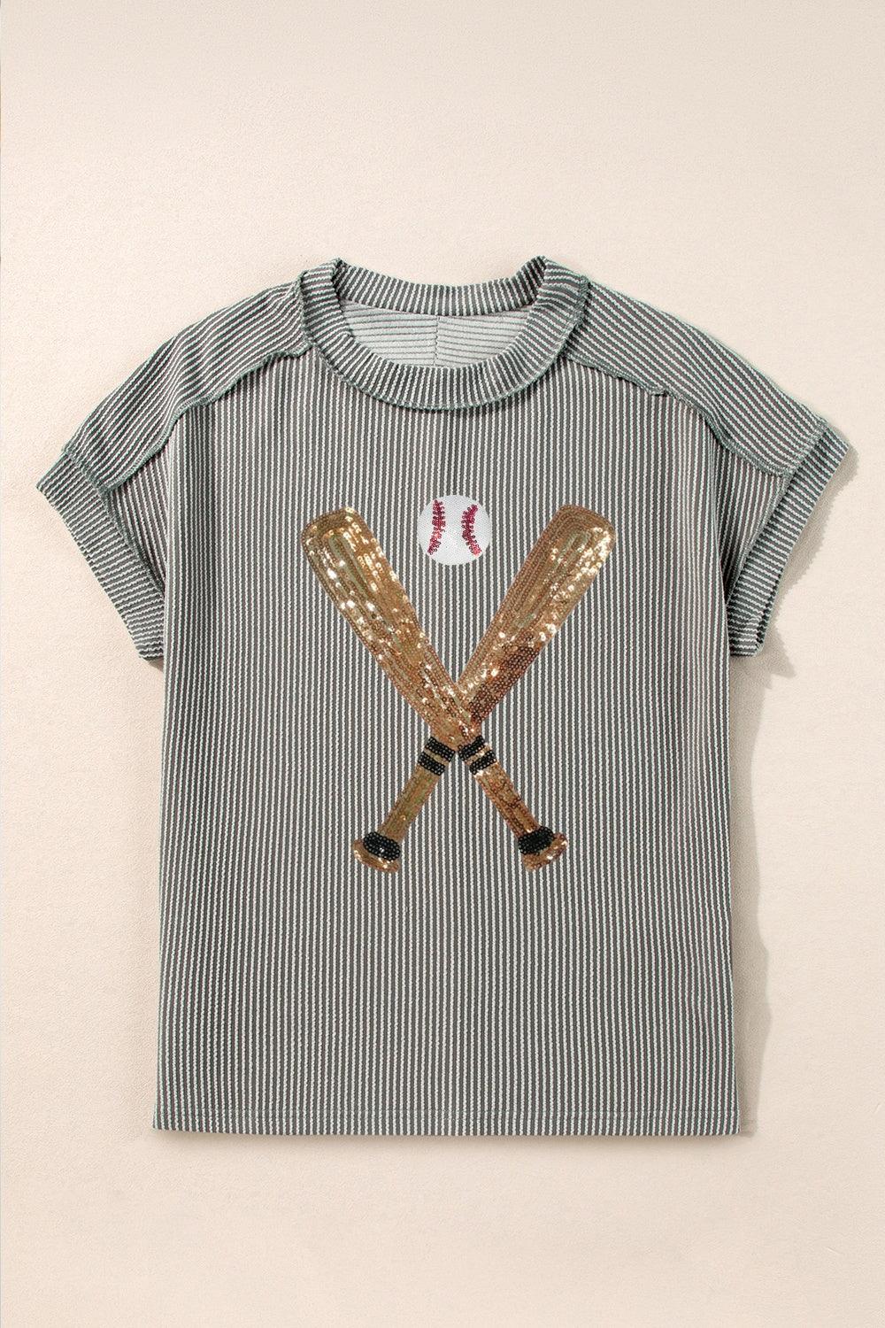 Sequin Baseball Round Neck Short Sleeve T-Shirt - Modestly Vogue 