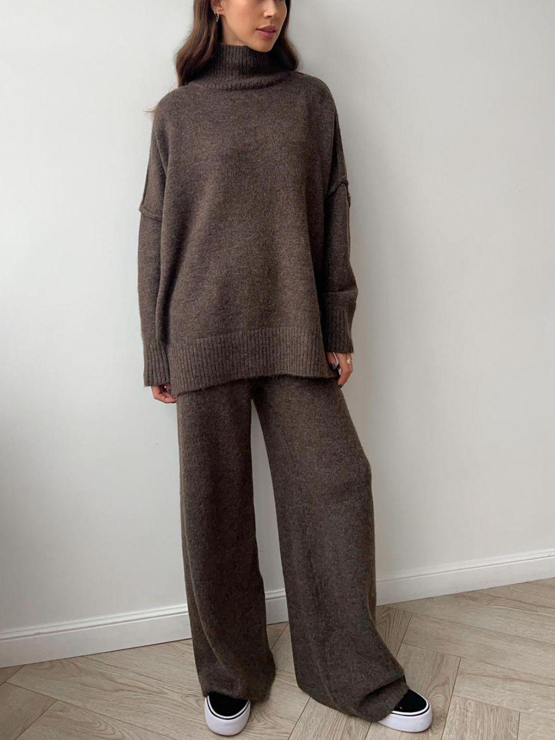 Slit Turtleneck Long Sleeve Top and Pants Sweater Set - Modestly Vogue 