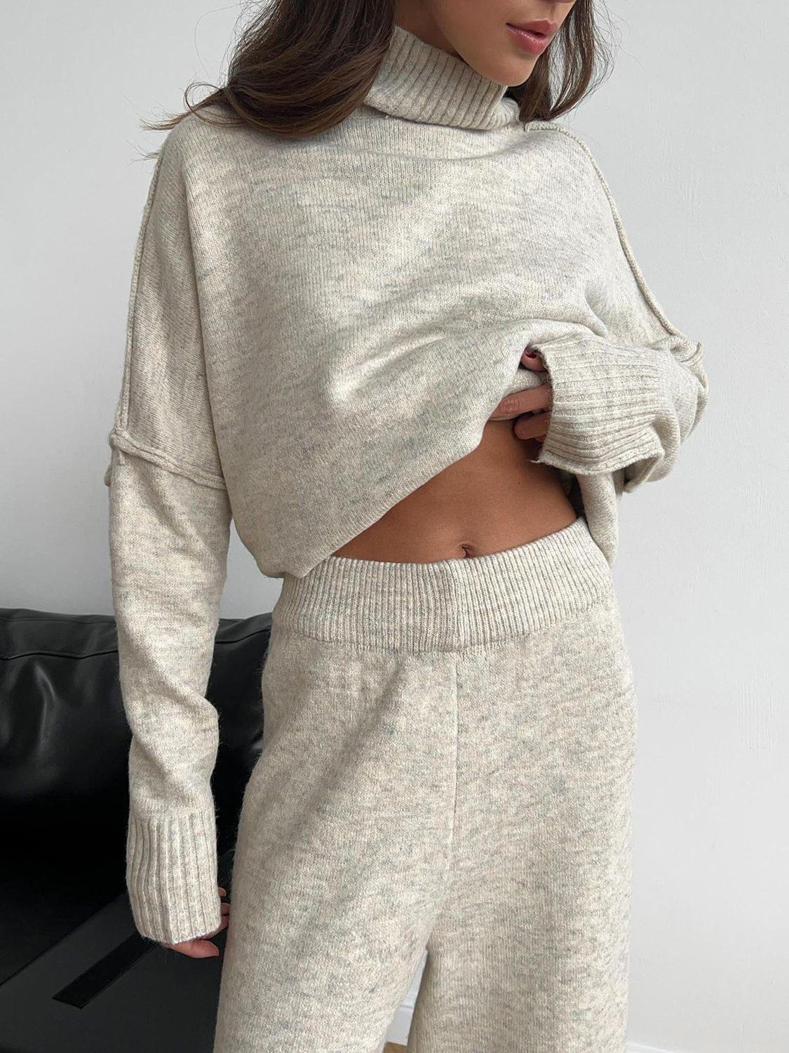 Slit Turtleneck Long Sleeve Top and Pants Sweater Set - Modestly Vogue 