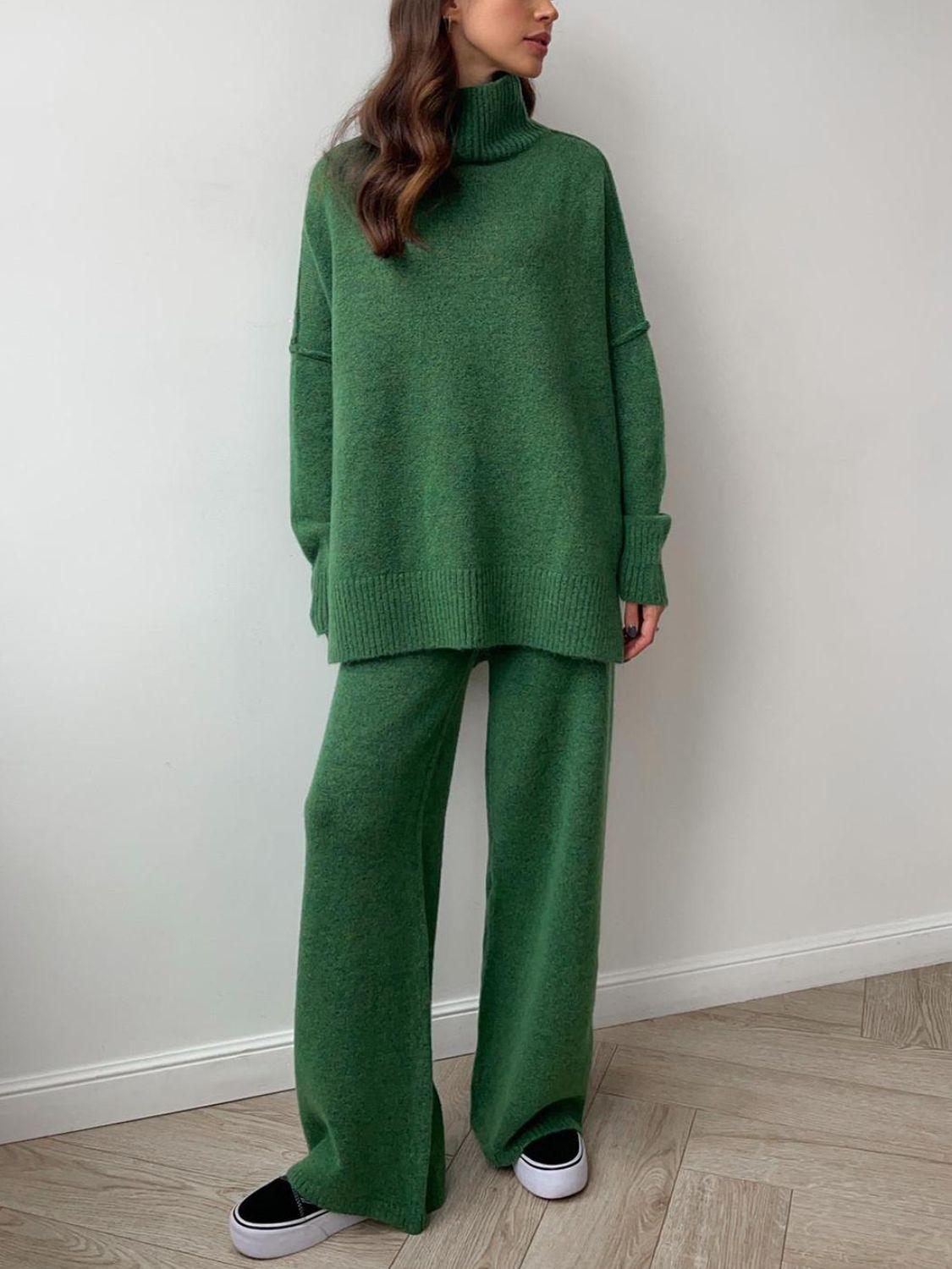 Slit Turtleneck Long Sleeve Top and Pants Sweater Set - Modestly Vogue 