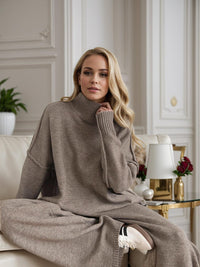 Slit Turtleneck Long Sleeve Top and Pants Sweater Set - Modestly Vogue 