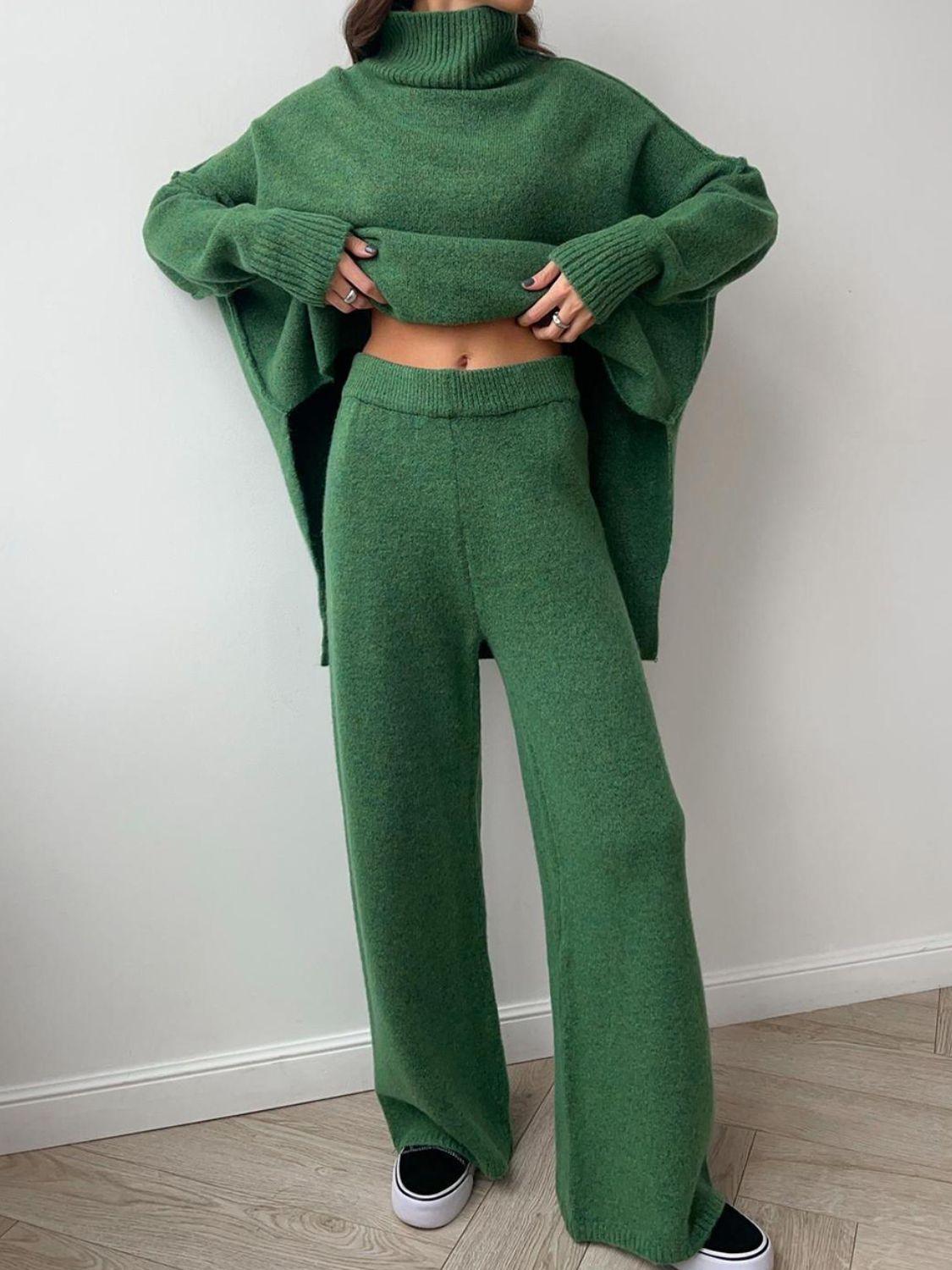 Slit Turtleneck Long Sleeve Top and Pants Sweater Set - Modestly Vogue 