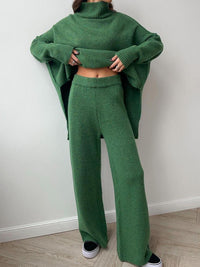 Slit Turtleneck Long Sleeve Top and Pants Sweater Set - Modestly Vogue 