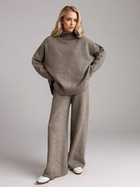 Slit Turtleneck Long Sleeve Top and Pants Sweater Set - Modestly Vogue 