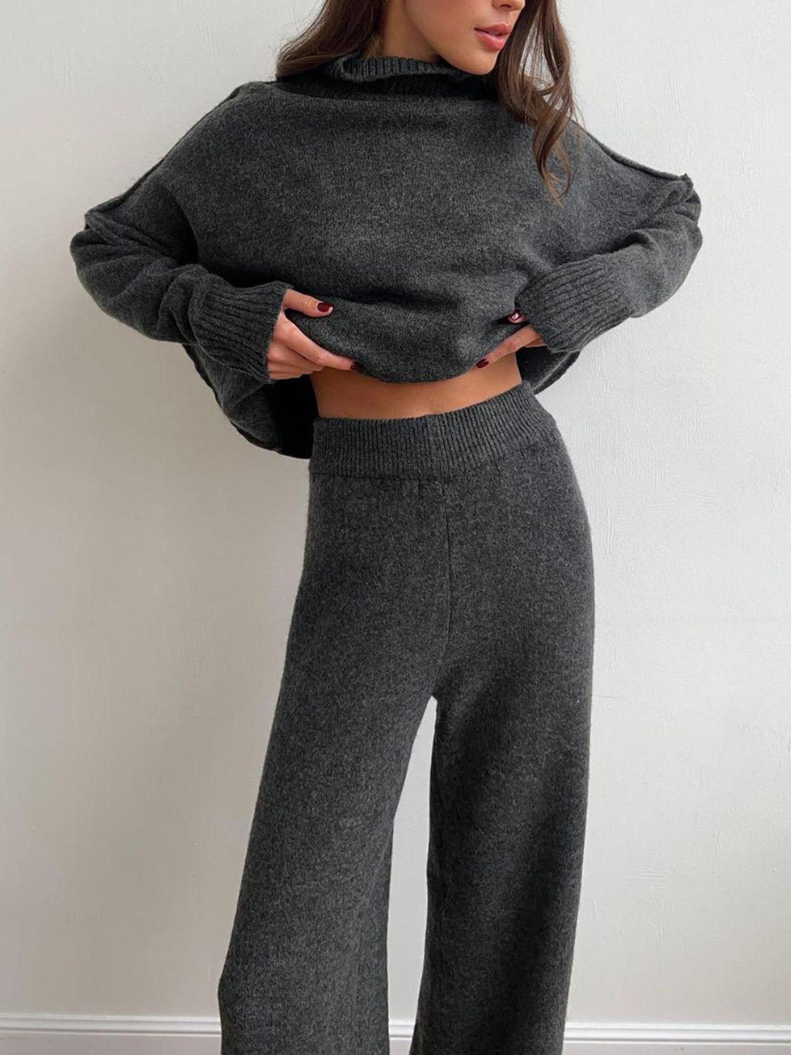 Slit Turtleneck Long Sleeve Top and Pants Sweater Set - Modestly Vogue 