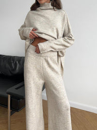 Slit Turtleneck Long Sleeve Top and Pants Sweater Set - Modestly Vogue 