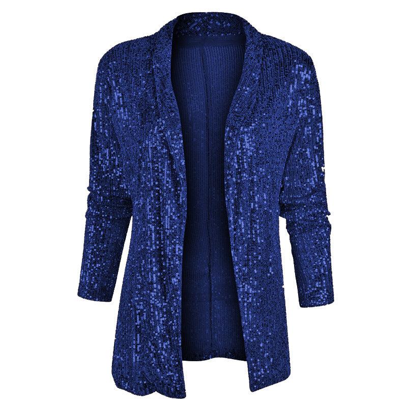 Spring Sequined Long Sleeve Mid Length Collared Color Coat Women - Modestly Vogue 