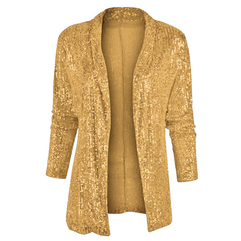 Spring Sequined Long Sleeve Mid Length Collared Color Coat Women - Modestly Vogue 