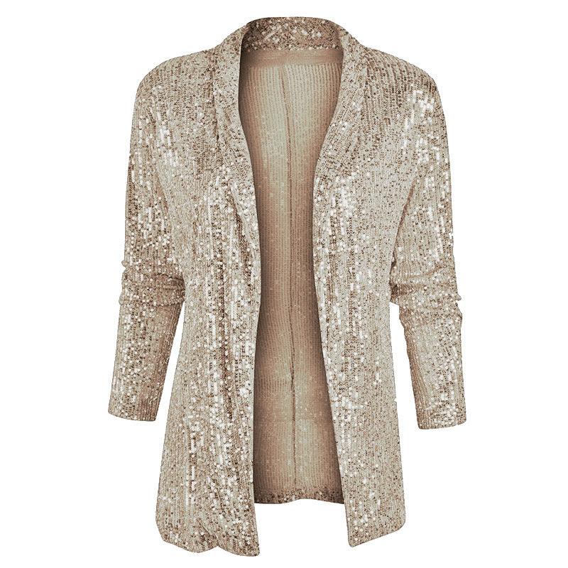 Spring Sequined Long Sleeve Mid Length Collared Color Coat Women - Modestly Vogue 