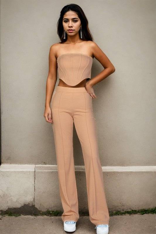 Strapless Corset Top & Flare Pants Set – Chic & Two-Piece Outfit - Modestly Vogue 