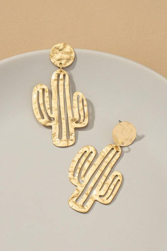 Boho Chic – | Hammered thin metal openwork cactus drop earrings - Modestly Vogue 