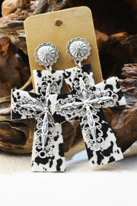 – | Silvery Cow Spots Faith Cross Western Fashion Dangle - Modestly Vogue 