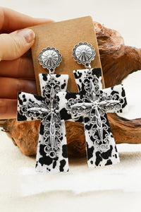 – | Silvery Cow Spots Faith Cross Western Fashion Dangle - Modestly Vogue 