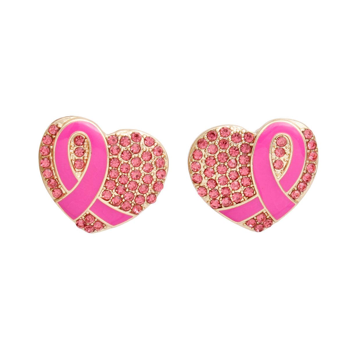 – | Studs Gold Heart Pink Stone Cancer Ribbon - Modestly Vogue 