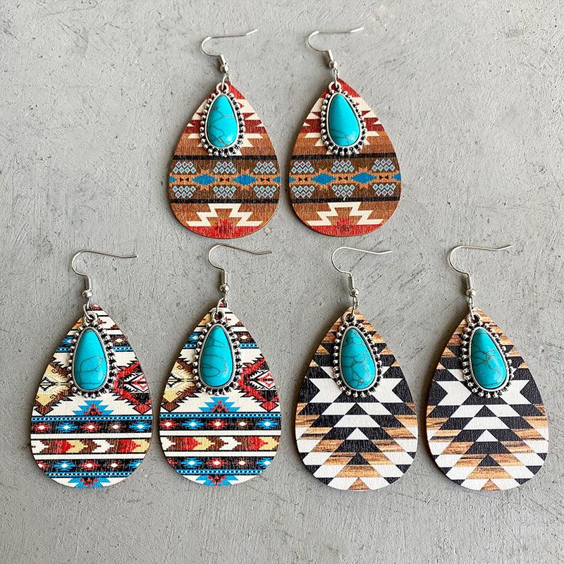 Boho Chic Stunning Earrings – Luxury Earrings Collection | Turquoise Teardrop Shape Wooden Dangle Earrings - Modestly Vogue 